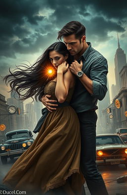 A dramatic scene depicting the theme of time travel entwined with romance and fate