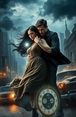 A dramatic scene depicting the theme of time travel entwined with romance and fate