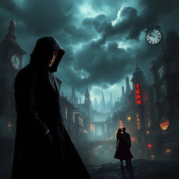 An intense scene encapsulating the themes of time travel, fate, and suspense, titled 'Unwritten Destinies'