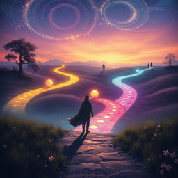 A captivating and mysterious scene titled 'Unwritten Destinies', symbolizing the intertwining of fate and choices