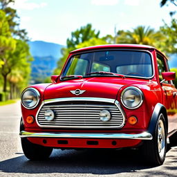 A vibrant red Mini Cooper parked on a scenic street