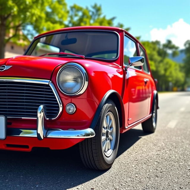 A vibrant red Mini Cooper parked on a scenic street