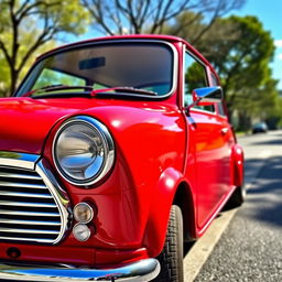 A vibrant red Mini Cooper parked on a scenic street