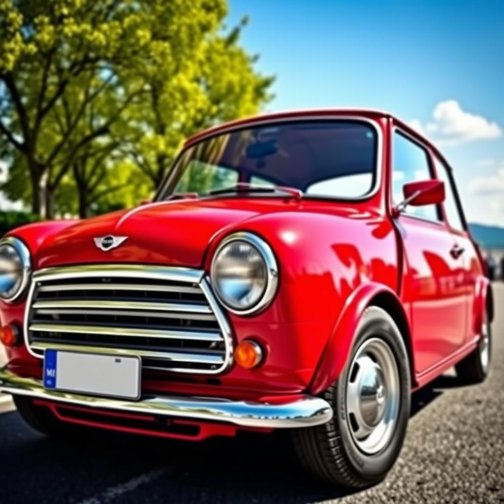 A vibrant red Mini Cooper parked on a scenic street