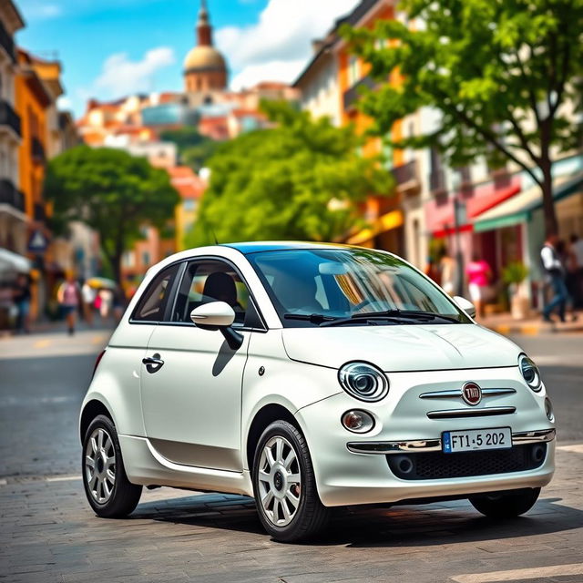 A sleek white Fiat 500 elegantly parked in an urban environment