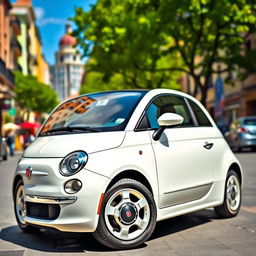 A sleek white Fiat 500 elegantly parked in an urban environment
