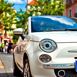 A sleek white Fiat 500 elegantly parked in an urban environment
