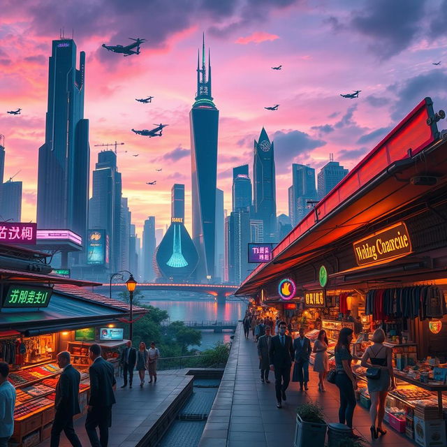 A futuristic cityscape at dusk, showcasing breathtaking skyscrapers adorned with neon lights and flying vehicles in the sky