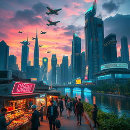 A futuristic cityscape at dusk, showcasing breathtaking skyscrapers adorned with neon lights and flying vehicles in the sky