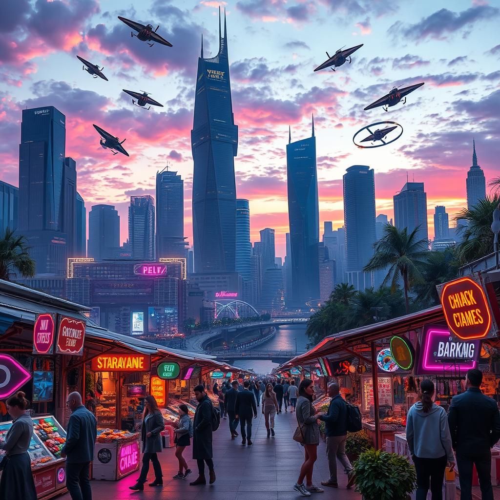 A futuristic cityscape at dusk, showcasing breathtaking skyscrapers adorned with neon lights and flying vehicles in the sky