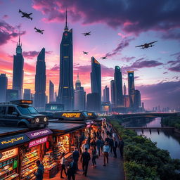A futuristic cityscape at dusk, showcasing breathtaking skyscrapers adorned with neon lights and flying vehicles in the sky