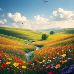 A serene landscape featuring rolling hills under a clear blue sky, with fluffy white clouds gently drifting
