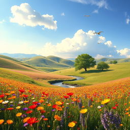 A serene landscape featuring rolling hills under a clear blue sky, with fluffy white clouds gently drifting