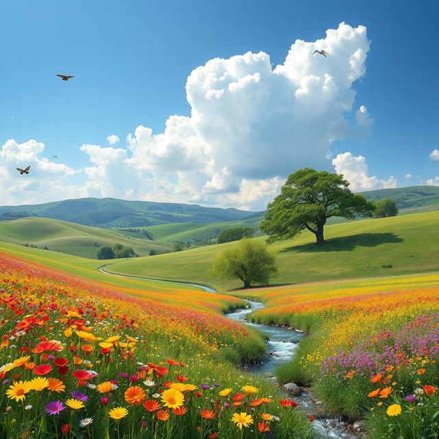 A serene landscape featuring rolling hills under a clear blue sky, with fluffy white clouds gently drifting