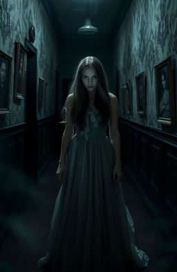 A mysterious lady standing in a dimly lit hallway, dressed in an elegant vintage gown, her long flowing hair cascading around her shoulders