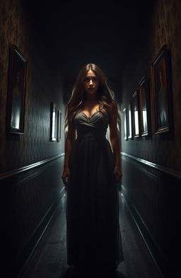 A mysterious lady standing in a dimly lit hallway, dressed in an elegant vintage gown, her long flowing hair cascading around her shoulders
