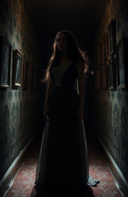 A mysterious lady standing in a dimly lit hallway, dressed in an elegant vintage gown, her long flowing hair cascading around her shoulders
