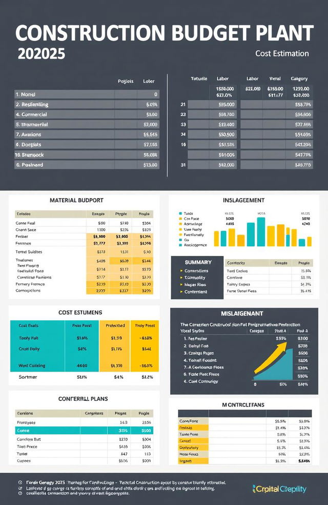 A detailed construction budget plan for a construction company in 2025, outlining cost estimates for materials, labor, and miscellaneous expenses