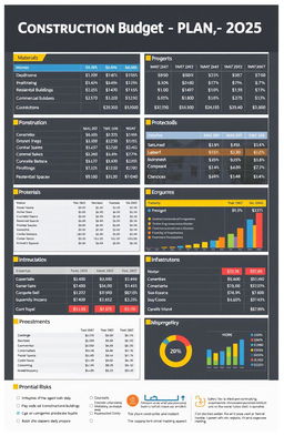 A detailed construction budget plan for a construction company in 2025, outlining cost estimates for materials, labor, and miscellaneous expenses