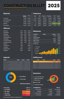 A detailed construction budget plan for a construction company in 2025, outlining cost estimates for materials, labor, and miscellaneous expenses