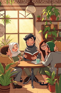 A whimsical illustration capturing the essence of companionship, featuring a character named Hafs, who is a warm-hearted, friendly, and intriguing figure surrounded by diverse and engaging companions