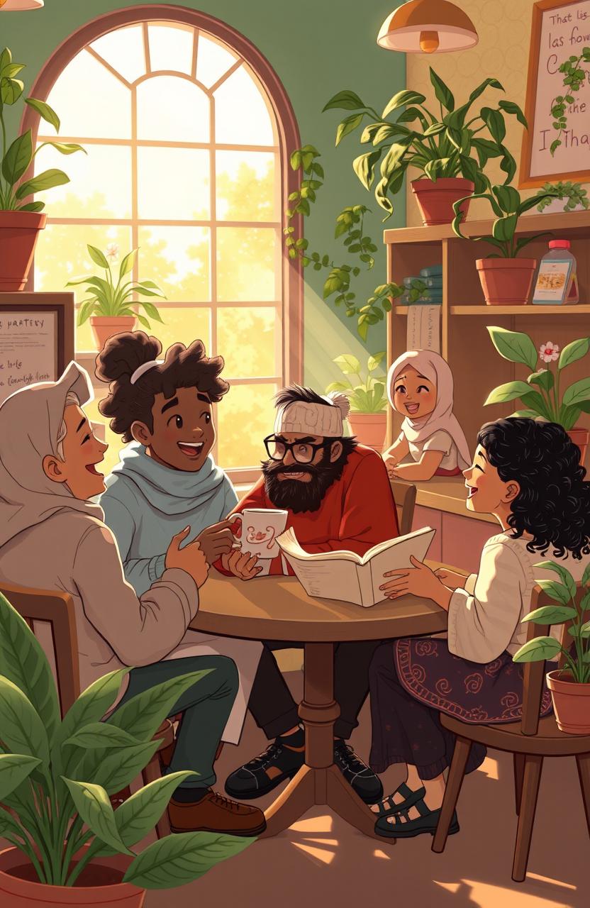 A whimsical illustration capturing the essence of companionship, featuring a character named Hafs, who is a warm-hearted, friendly, and intriguing figure surrounded by diverse and engaging companions