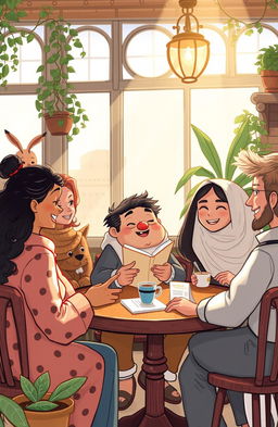 A whimsical illustration capturing the essence of companionship, featuring a character named Hafs, who is a warm-hearted, friendly, and intriguing figure surrounded by diverse and engaging companions