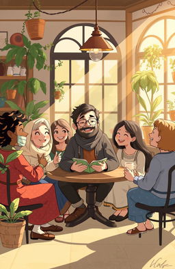 A whimsical illustration capturing the essence of companionship, featuring a character named Hafs, who is a warm-hearted, friendly, and intriguing figure surrounded by diverse and engaging companions