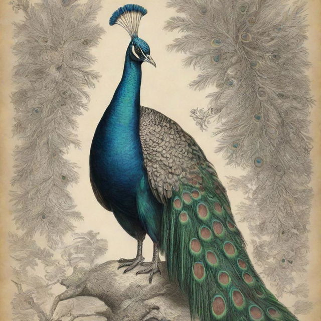 Create an educational, scientifically accurate, hand-sketched poster of various types of peacocks in taxidermy, inspired by Ernst Haeckel's work, labeled and accompanied by text