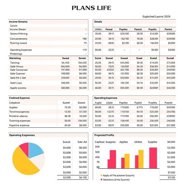 A comprehensive budget plan for a business, detailing income streams, operating expenses, and projected profits for the upcoming year