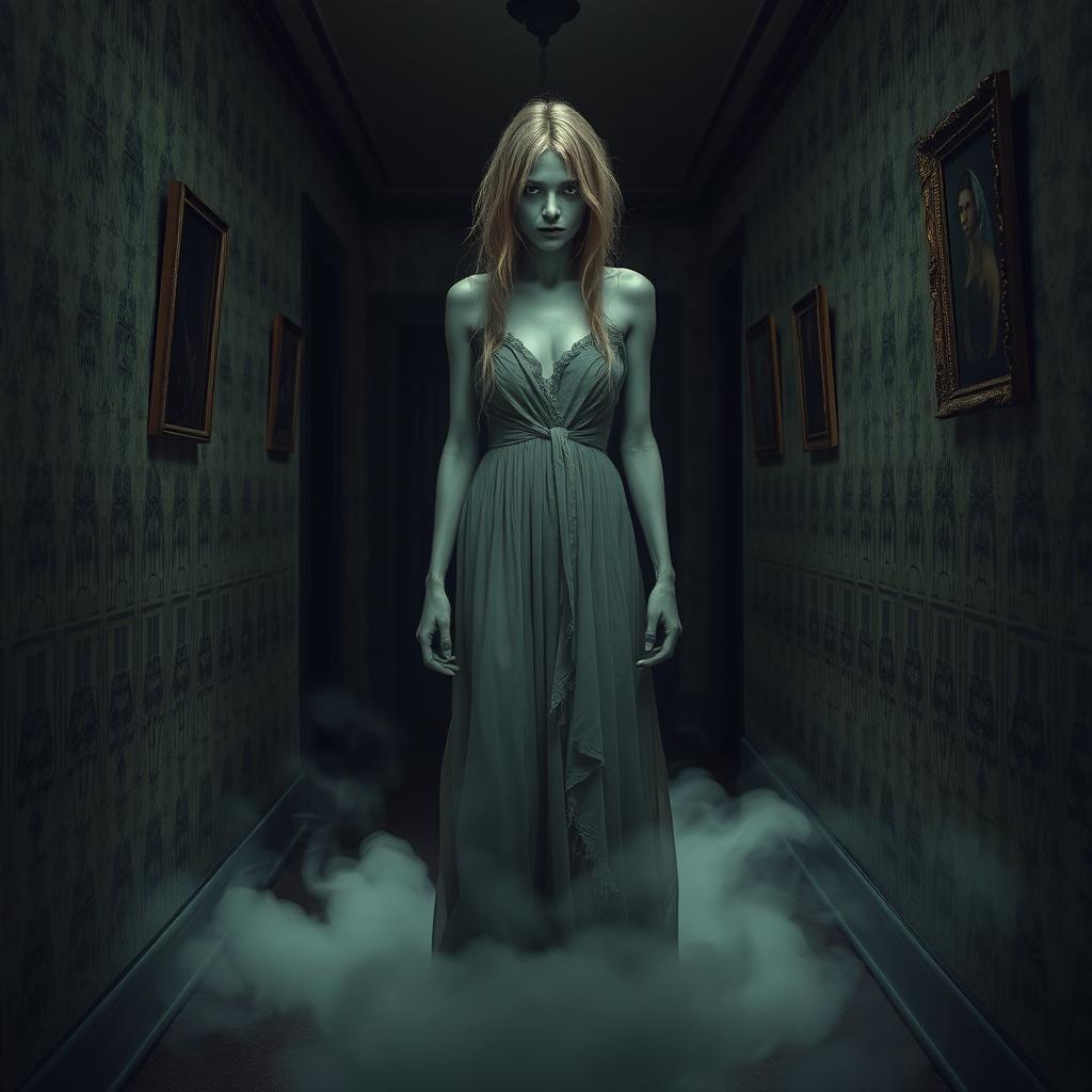 A ghostly figure of a lady standing in a dimly lit, eerie hallway, wearing a tattered vintage gown that appears to float slightly above the ground