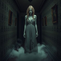 A ghostly figure of a lady standing in a dimly lit, eerie hallway, wearing a tattered vintage gown that appears to float slightly above the ground