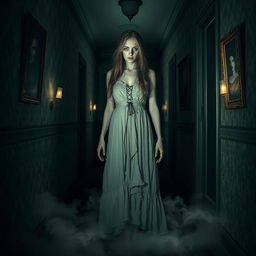 A ghostly figure of a lady standing in a dimly lit, eerie hallway, wearing a tattered vintage gown that appears to float slightly above the ground