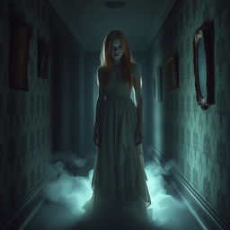 A ghostly figure of a lady standing in a dimly lit, eerie hallway, wearing a tattered vintage gown that appears to float slightly above the ground