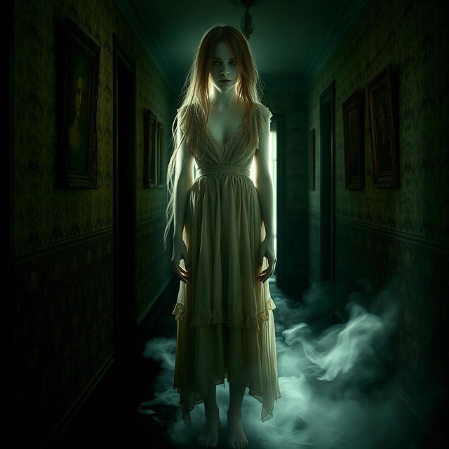 A ghostly figure of a lady standing in a dimly lit, eerie hallway, wearing a tattered vintage gown that appears to float slightly above the ground