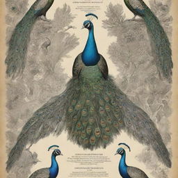 Create an educational, scientifically accurate, hand-sketched poster of various types of peacocks in taxidermy, inspired by Ernst Haeckel's work, labeled and accompanied by text