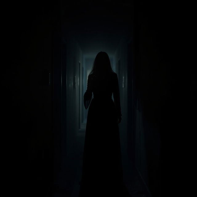 A dark, creepy hallway shrouded in shadows, with faint light barely illuminating the scene