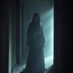 A dark, creepy hallway shrouded in shadows, with faint light barely illuminating the scene