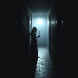 A dark, creepy hallway shrouded in shadows, with faint light barely illuminating the scene