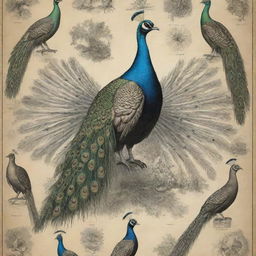 Create an educational, scientifically accurate, hand-sketched poster of various types of peacocks in taxidermy, inspired by Ernst Haeckel's work, labeled and accompanied by text