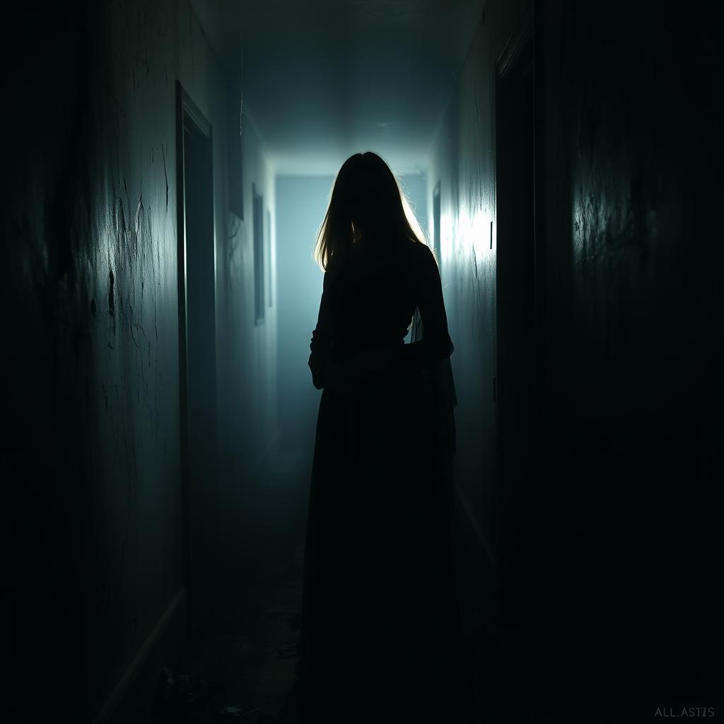 A dark, creepy hallway shrouded in shadows, with faint light barely illuminating the scene