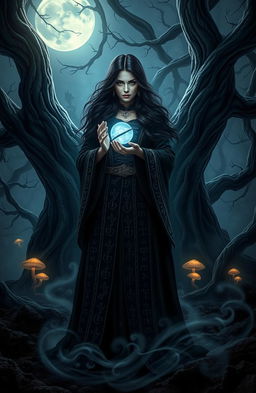 A mystical scene depicting a powerful witch standing in the middle of a dark, enchanted forest