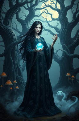 A mystical scene depicting a powerful witch standing in the middle of a dark, enchanted forest