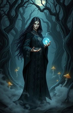 A mystical scene depicting a powerful witch standing in the middle of a dark, enchanted forest