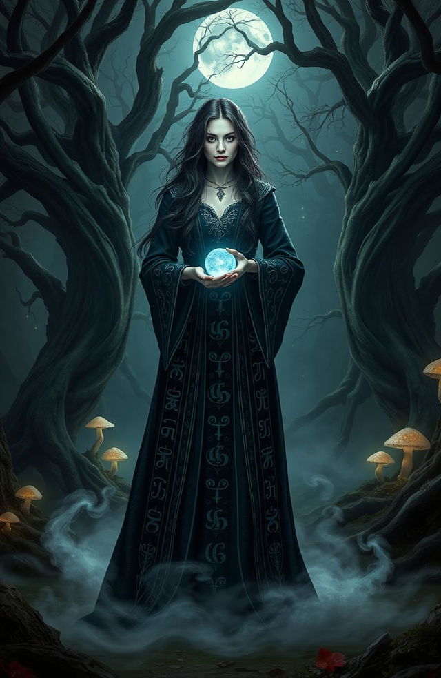 A mystical scene depicting a powerful witch standing in the middle of a dark, enchanted forest