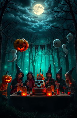 A spooky birthday party scene set in a dimly lit forest, with eerie decorations such as cobwebs, jack-o'-lanterns with sinister grins, and ghostly balloons floating in the air