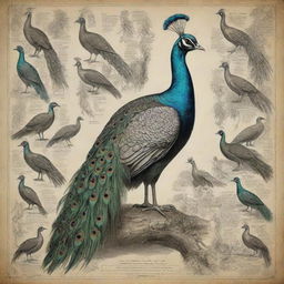 Create an educational, scientifically accurate, hand-sketched poster of various types of peacocks in taxidermy, inspired by Ernst Haeckel's work, labeled and accompanied by text