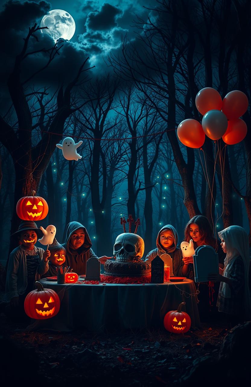 A spooky birthday party scene set in a dimly lit forest, with eerie decorations such as cobwebs, jack-o'-lanterns with sinister grins, and ghostly balloons floating in the air