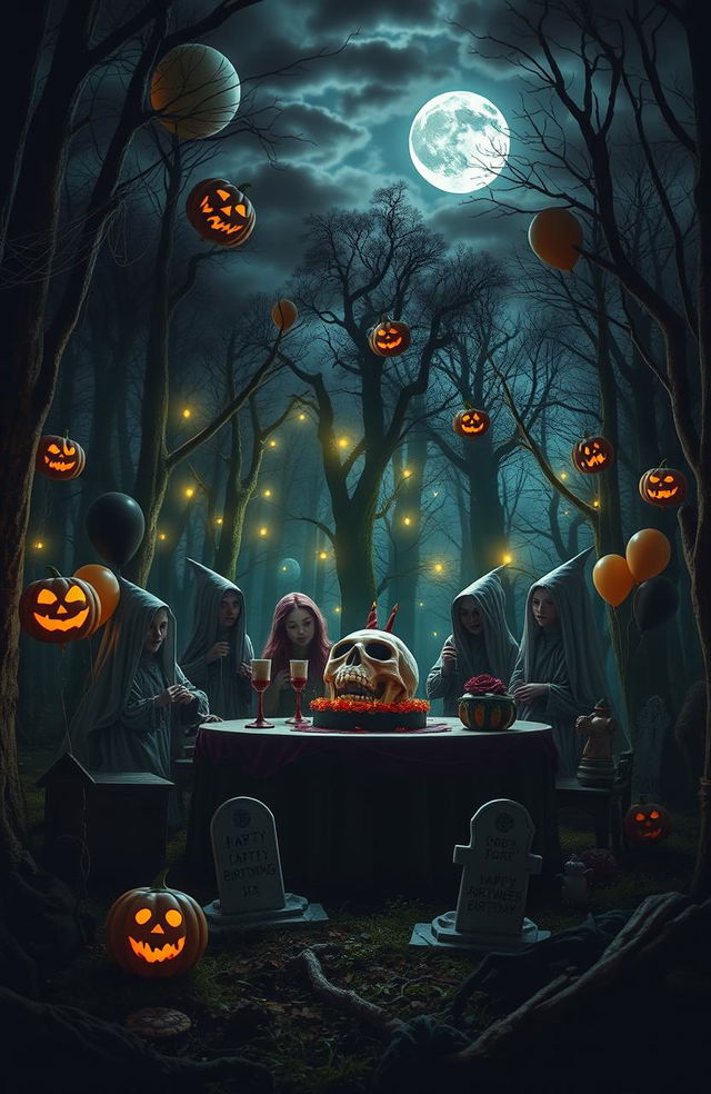 A spooky birthday party scene set in a dimly lit forest, with eerie decorations such as cobwebs, jack-o'-lanterns with sinister grins, and ghostly balloons floating in the air