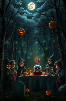 A spooky birthday party scene set in a dimly lit forest, with eerie decorations such as cobwebs, jack-o'-lanterns with sinister grins, and ghostly balloons floating in the air